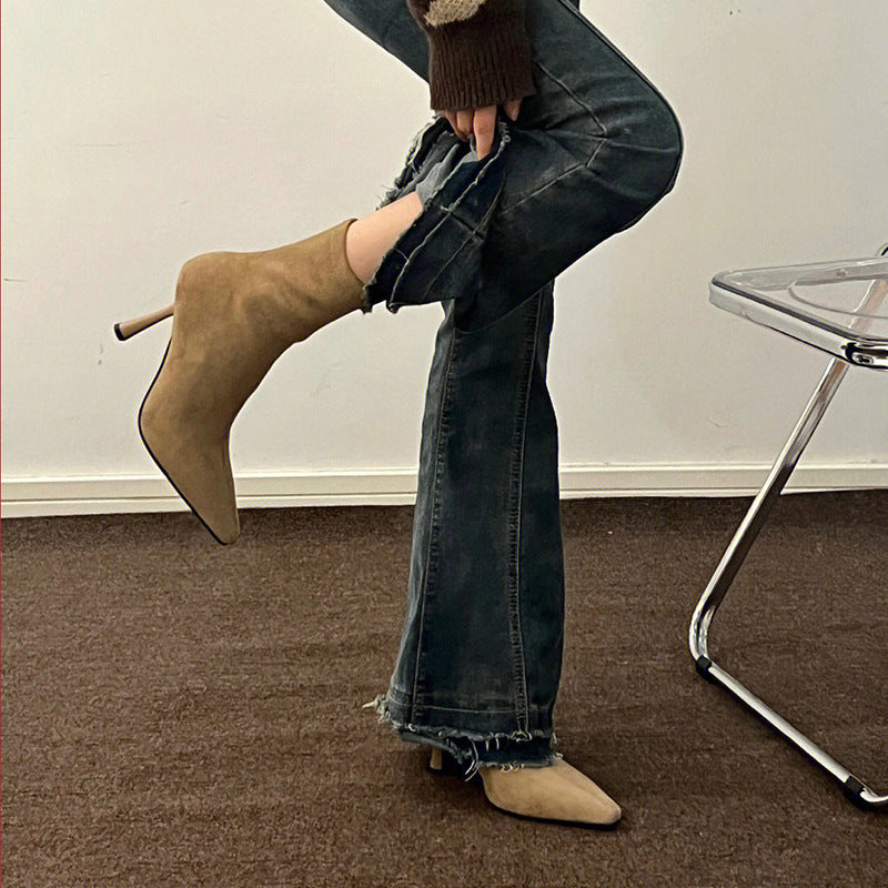 Stylish Mid-calf Suede Stretch High Heels With A Thin Heel That Flatters The Legs