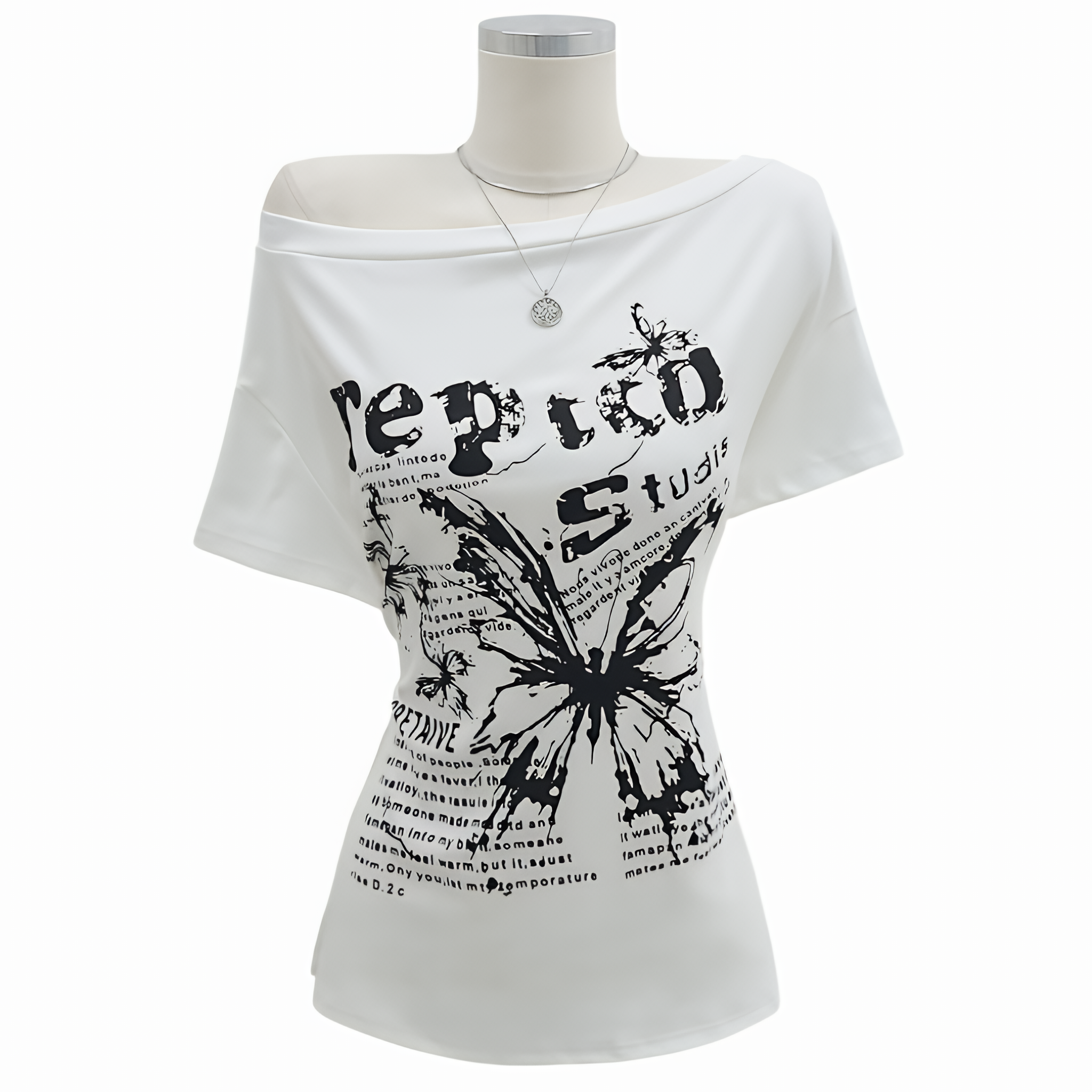 Women Y2K Vintage Oversize Off Shoulder T Shirt Butterfly Print Short Sleeve Summer Top