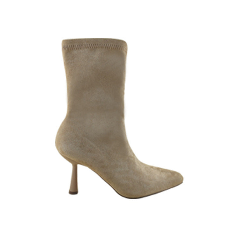 Stylish Mid-calf Suede Stretch High Heels With A Thin Heel That Flatters The Legs