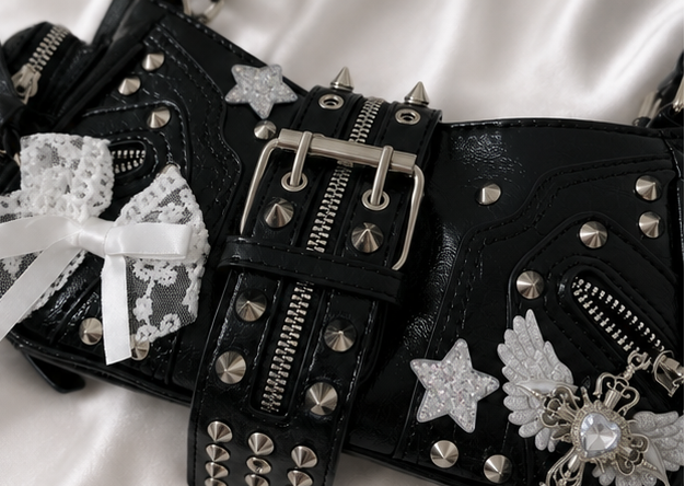 Y2K Punk PU leather Shoulder Bag Gothic Lace Rivet Crossbody Handbag