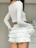 Hollow Out Crop Top Ruffle Biker Shorts Set