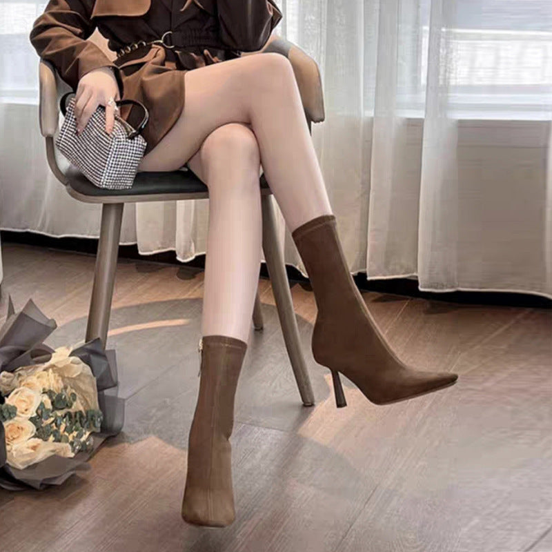 Stylish Mid-calf Suede Stretch High Heels With A Thin Heel That Flatters The Legs