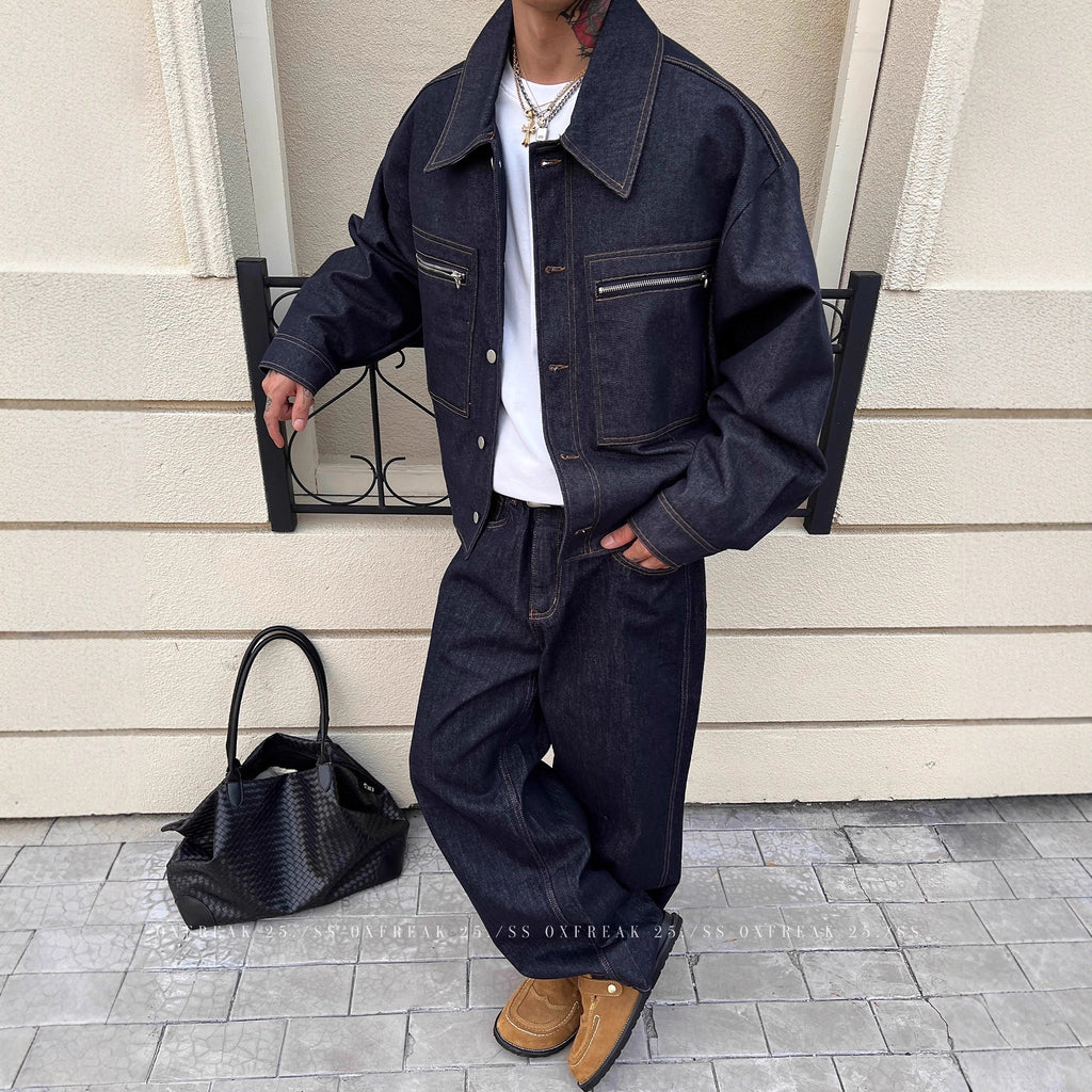 Veste en Jean avec Poche Zippée et Lisière Selvedge