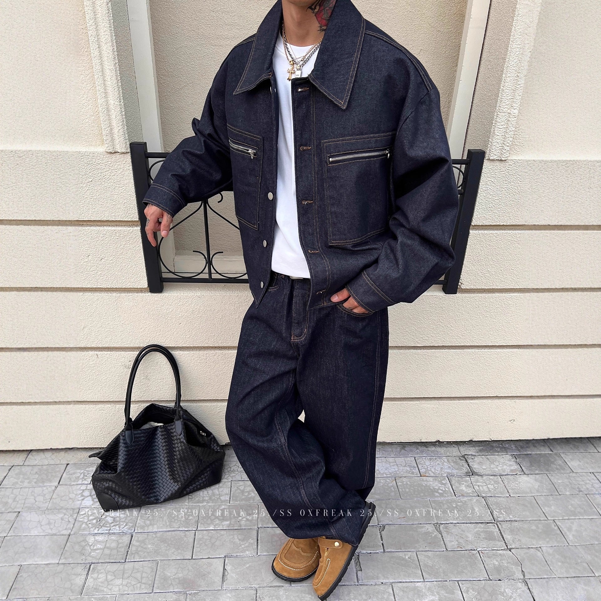 Veste en Jean avec Poche Zippée et Lisière Selvedge