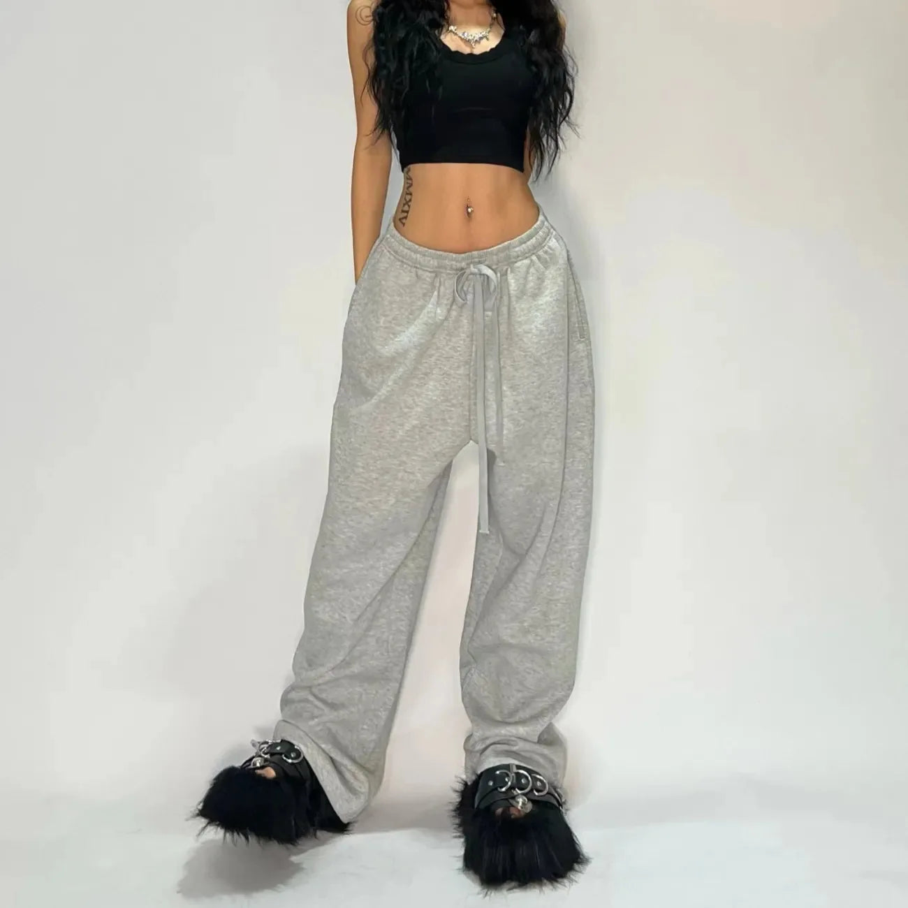 Women Y2K Sweatpants Oversized Grey Black High Waist Streetwear Jogger Pants