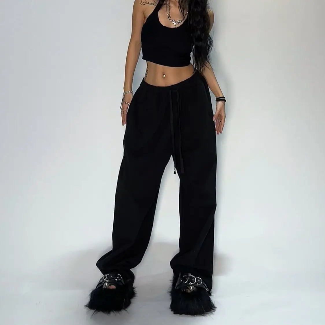 Women Y2K Sweatpants Oversized Grey Black High Waist Streetwear Jogger Pants
