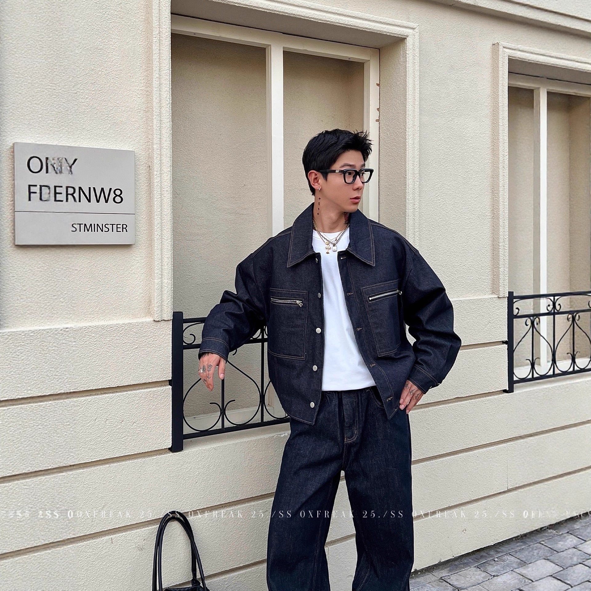 Veste en Jean avec Poche Zippée et Lisière Selvedge