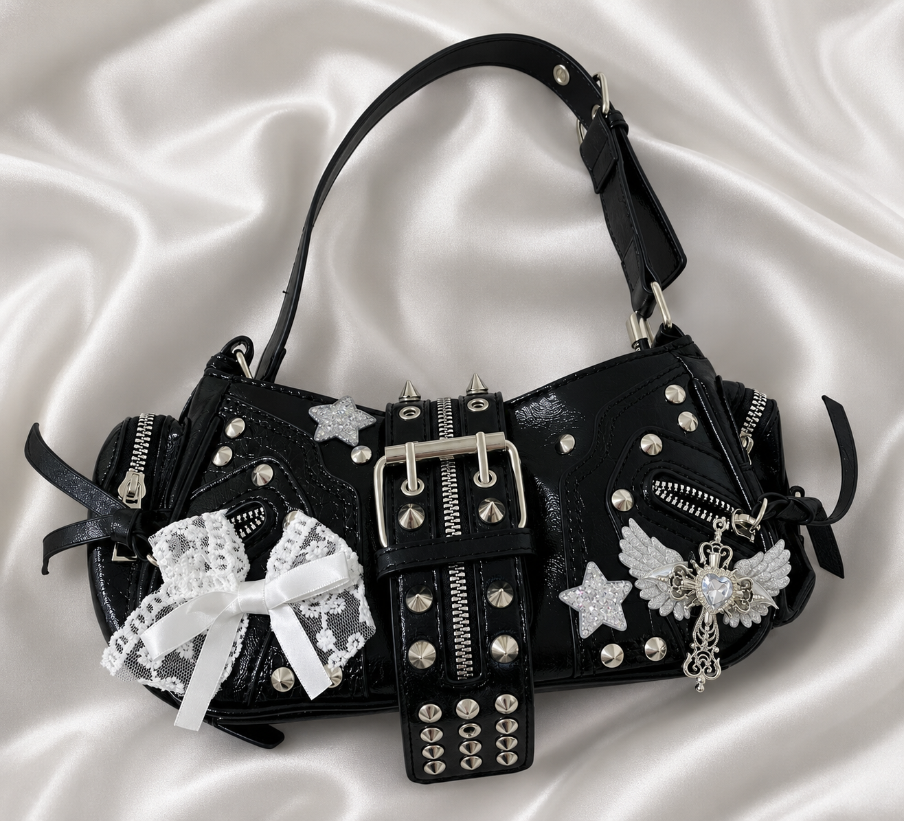 Y2K Punk PU leather Shoulder Bag Gothic Lace Rivet Crossbody Handbag