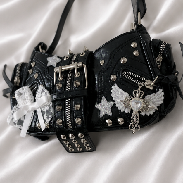Y2K Punk PU leather Shoulder Bag Gothic Lace Rivet Crossbody Handbag