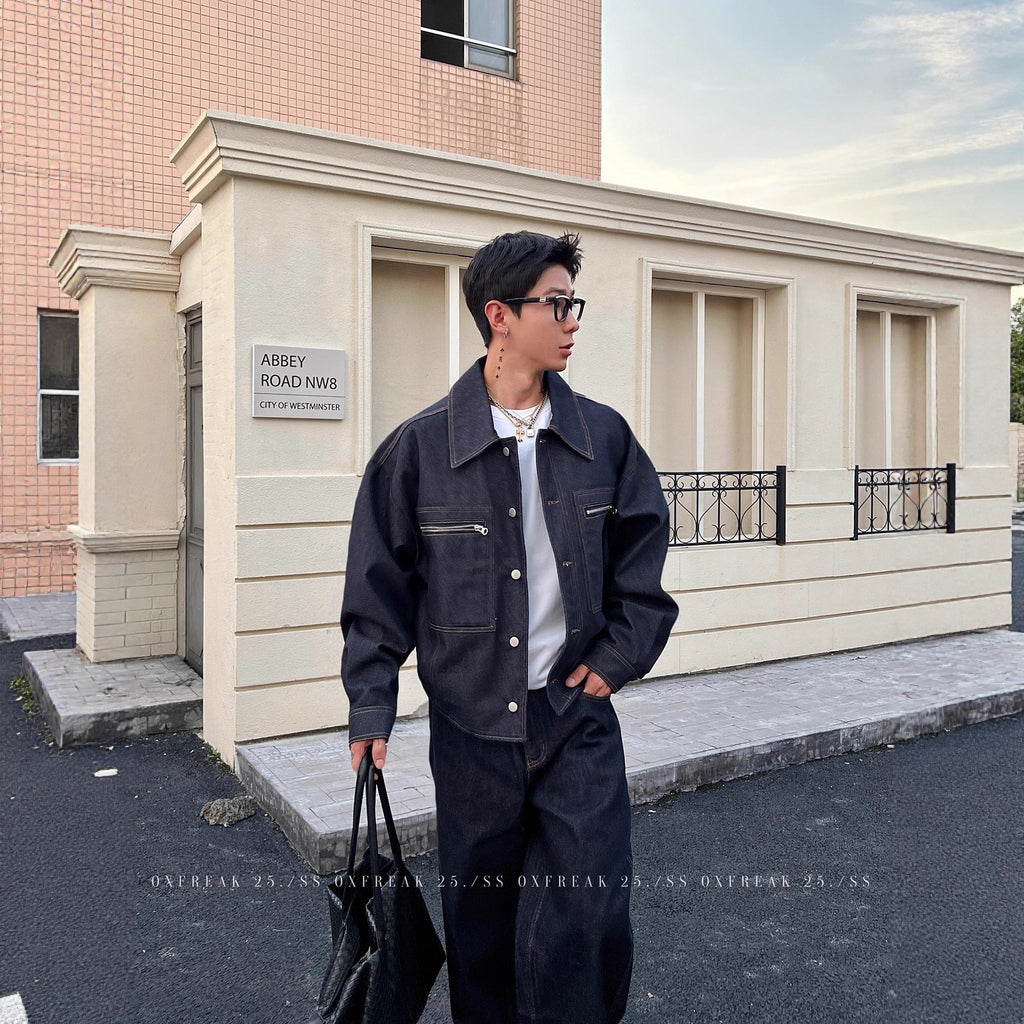 Veste en Jean avec Poche Zippée et Lisière Selvedge
