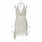 Leopard Print Halter V Neck Mini Dress Sexy Backless Lace Up Ruffle Dress