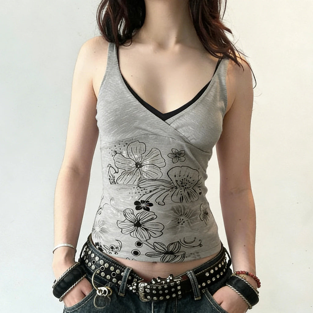 Y2K Floral Print Eco-Friendly Breathable Knitted V-neck Mock Two Piece Tank Top Contrast Slim Fit Sleeveless for Women