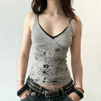 Y2K Floral Print Eco-Friendly Breathable Knitted V-neck Mock Two Piece Tank Top Contrast Slim Fit Sleeveless for Women