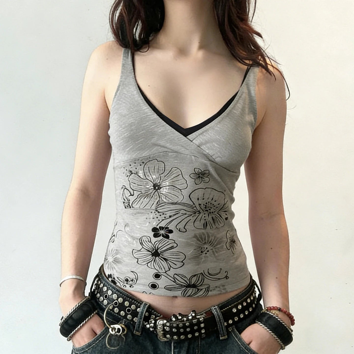 Y2K Floral Print Eco-Friendly Breathable Knitted V-neck Mock Two Piece Tank Top Contrast Slim Fit Sleeveless for Women