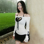 Goth Y2K Heart Cut Out Long Sleeve Top Slash Neck Tee