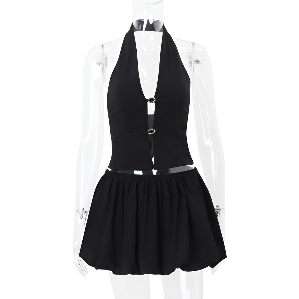 Hollow Out Strap Vest Mini Skirt Set Sexy Two Piece Bodycon Outfit
