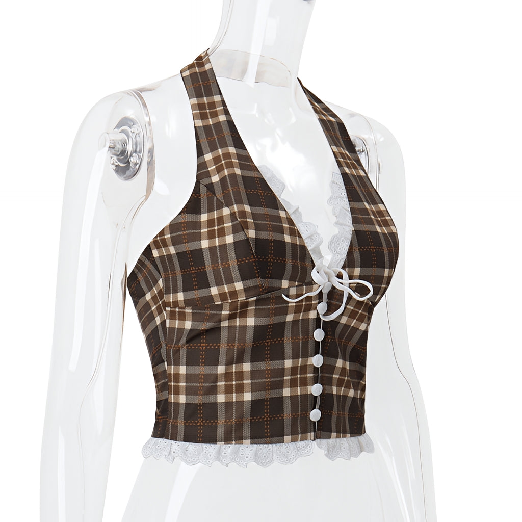 French Plaid Halter Crop Top Checkered Sleeveless Cami