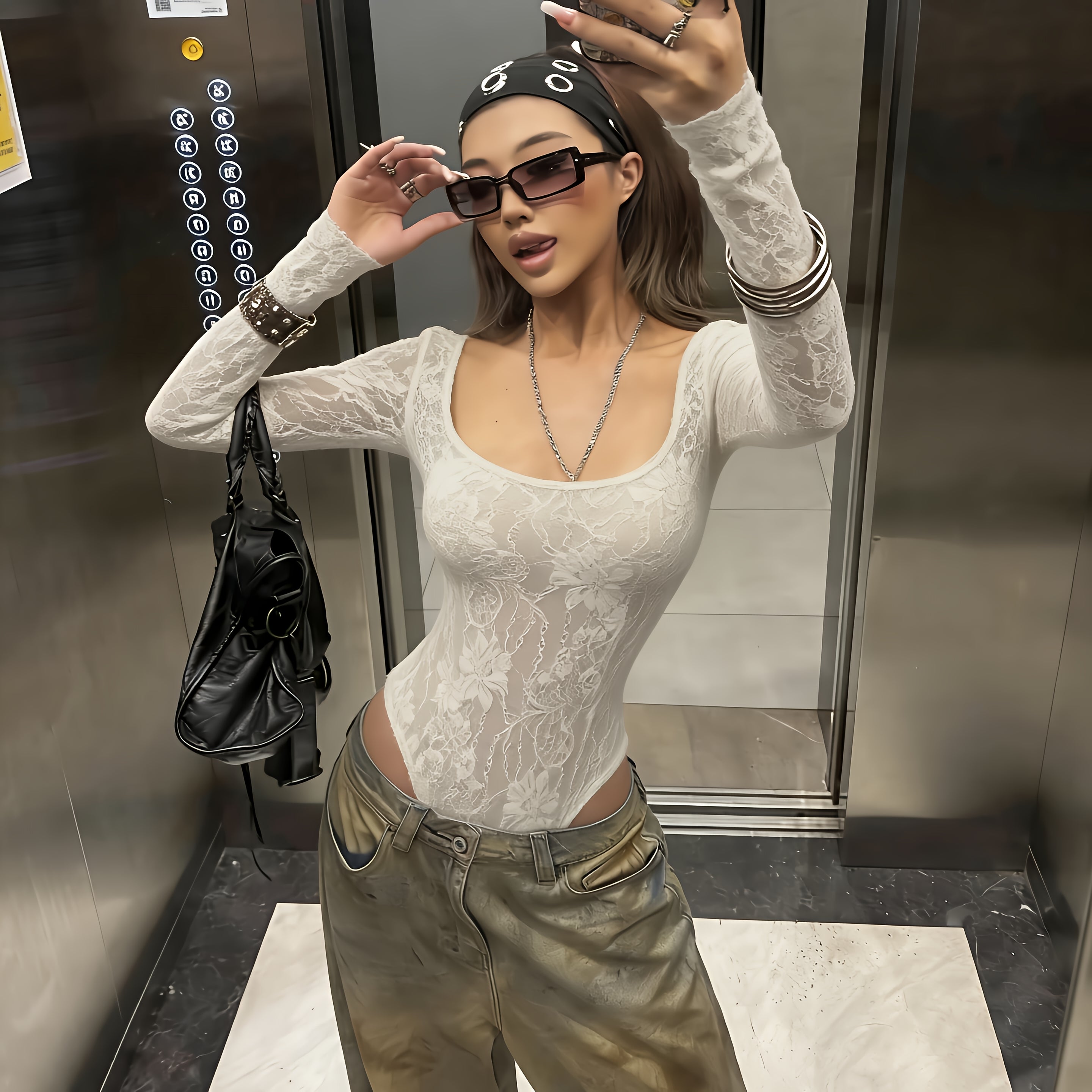 Lace Round Neck Long Sleeve Bodysuit Sexy Street Style Autumn Top