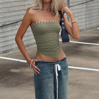 Strapless Bandeau Tube Top Shell Button Slim Fit Crop Top