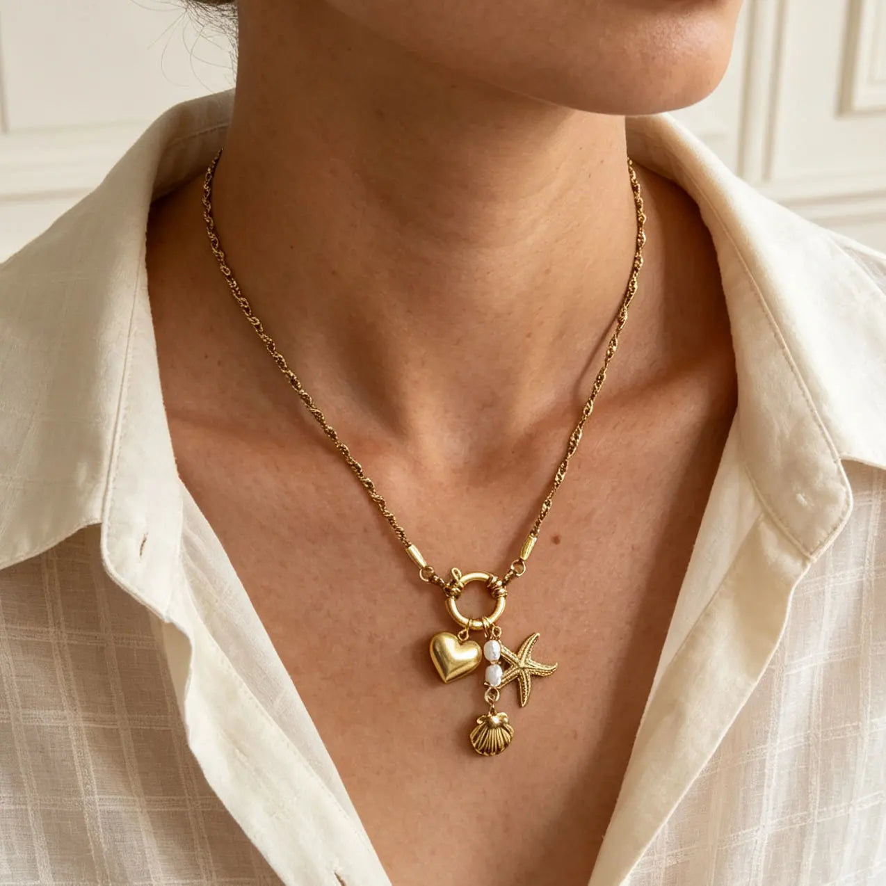 Joolim PVD Plated Wholesale Waterproof Starfish Shell Heart Pearl Pendant Multi Charm Toggle Necklace Stainless Steel Jewelry