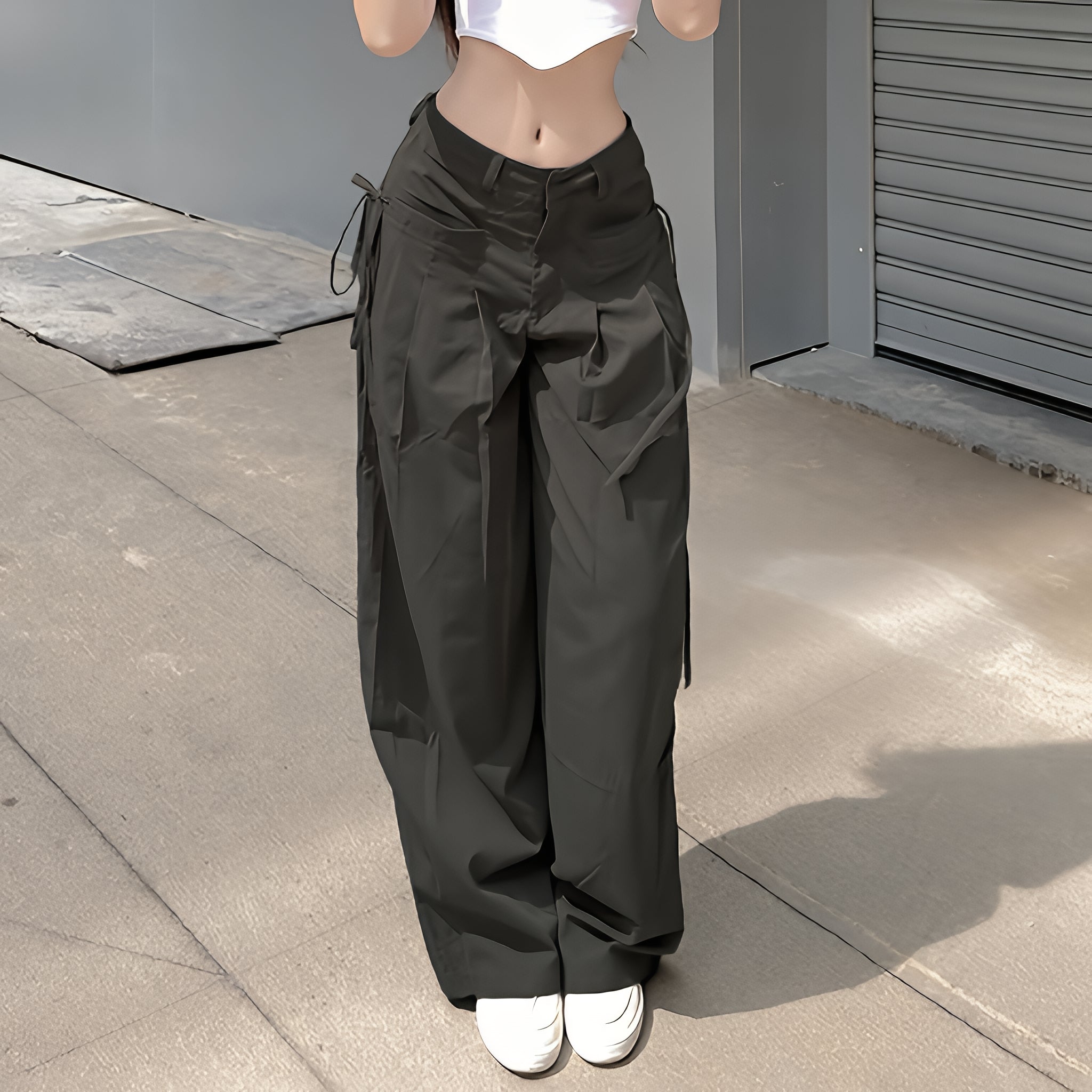 Solid Drawstring Cargo Pants Y2K Loose Streetwear Joggers Wide Leg Sweatpants