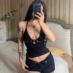 Off Shoulder Halter Top Button V Neck Knit Summer Streetwear