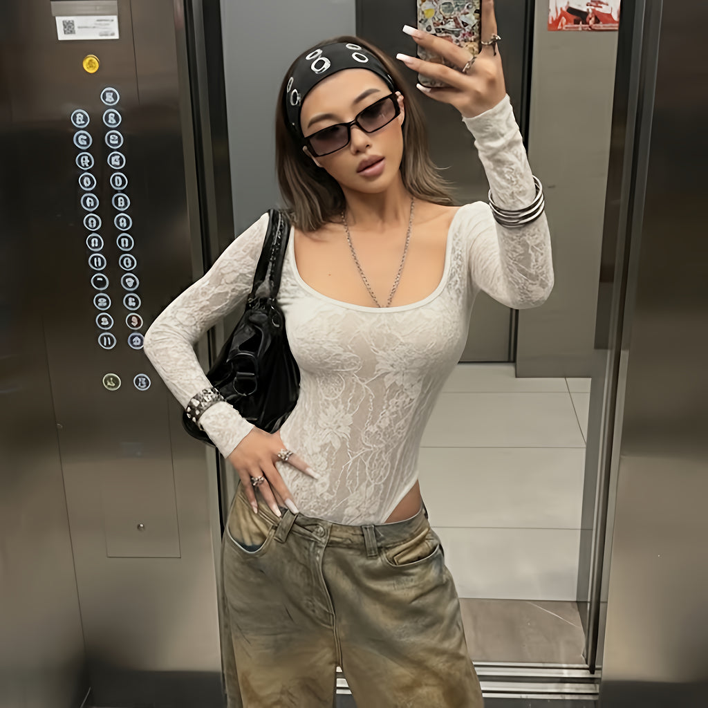 Lace Round Neck Long Sleeve Bodysuit Sexy Street Style Autumn Top
