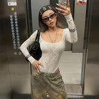 Lace Round Neck Long Sleeve Bodysuit Sexy Street Style Autumn Top