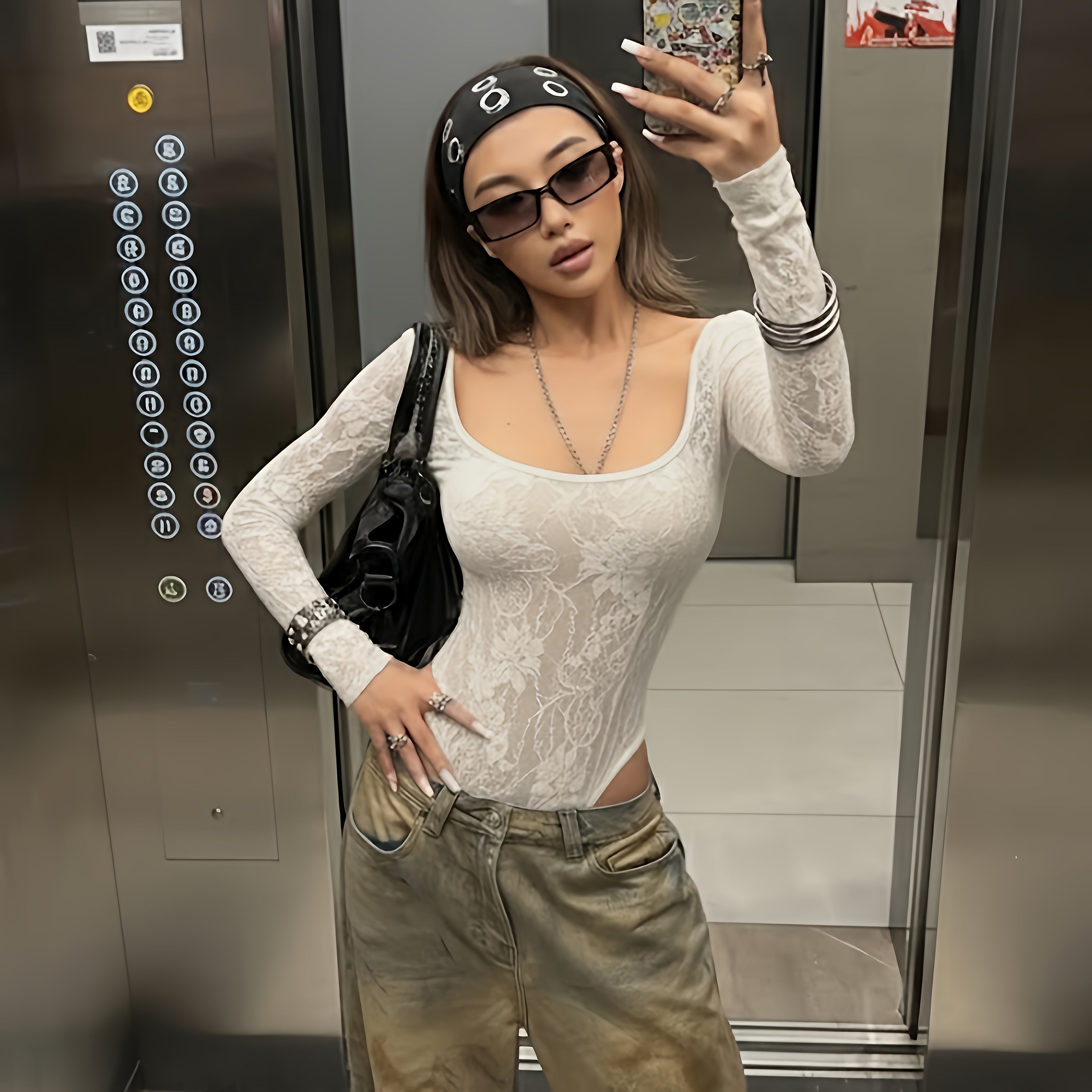 Lace Round Neck Long Sleeve Bodysuit Sexy Street Style Autumn Top