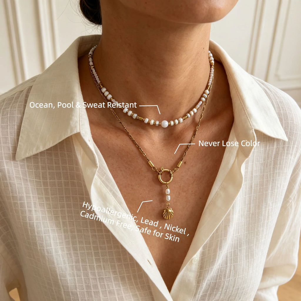 Joolim PVD Plated Wholesale Waterproof Starfish Shell Heart Pearl Pendant Multi Charm Toggle Necklace Stainless Steel Jewelry