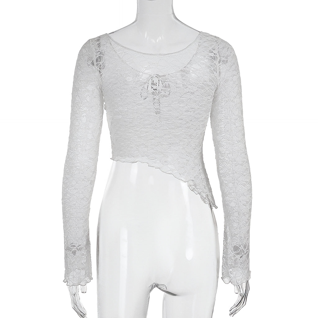 Lace Crop Top Contrast Bandage Long Sleeve Y2K Tee