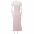Square Collar Puff Sleeve Waist Dress French Style Lace Up Casual Dress