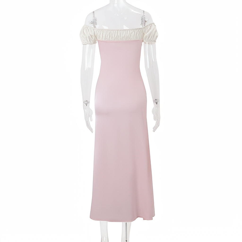 Square Collar Puff Sleeve Waist Dress French Style Lace Up Casual Dress
