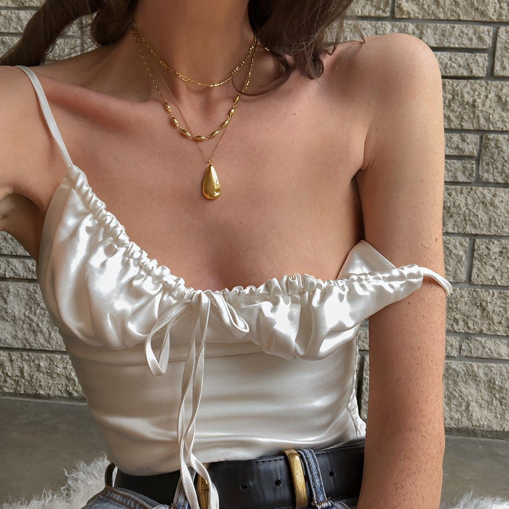 Satin Lace Up Bow Crop Top Sleeveless Cami Tank