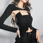 Hollow Cut Out Lace Up Long Sleeve Blouse Casual Slim Fit Top
