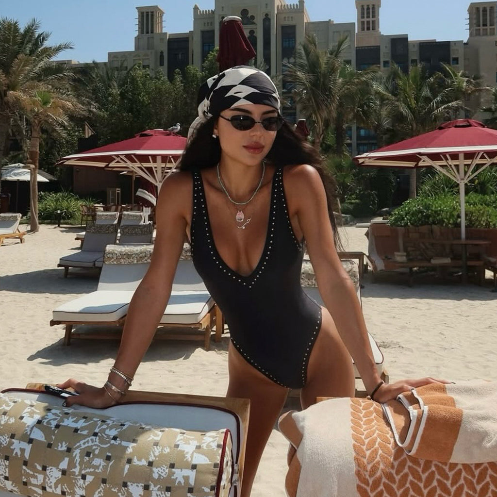 Black Solid One Piece Swimsuit Swim Bodysuit