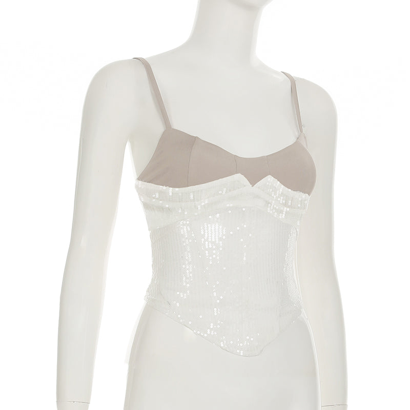 Lace Mesh Sequin Corset Top Back Tie Strap Cami Evening Wear