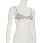 Lace Mesh Sequin Corset Top Back Tie Strap Cami Evening Wear