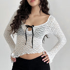 Lace Crop Top Contrast Bandage Long Sleeve Y2K Tee