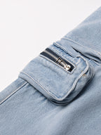 Washed Blue Denim Baggy Cargo Straight Jeans