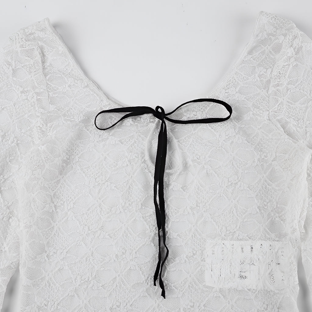 Lace Crop Top Contrast Bandage Long Sleeve Y2K Tee