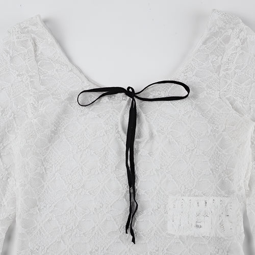 Lace Crop Top Contrast Bandage Long Sleeve Y2K Tee