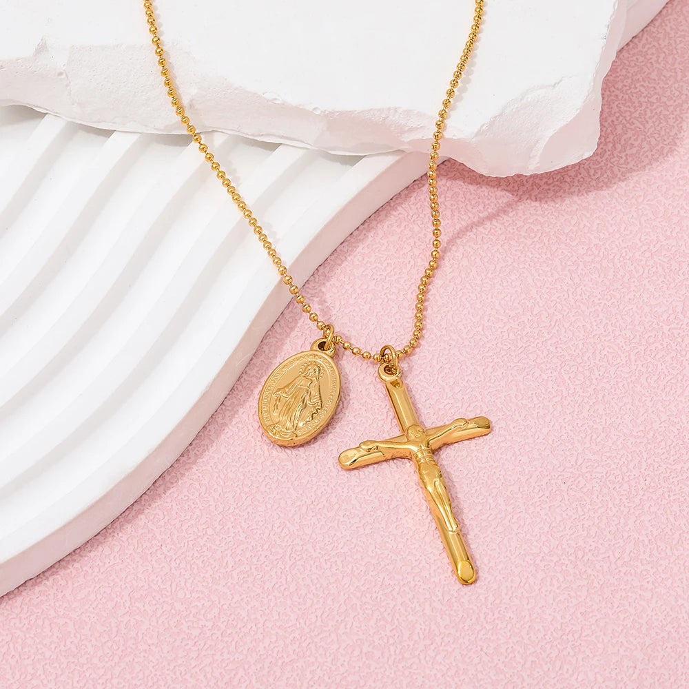 Joolim Jewelry Gold Plated Cross Oval Pendant Choker Necklace Stainless Steel Jewelry Wholesale