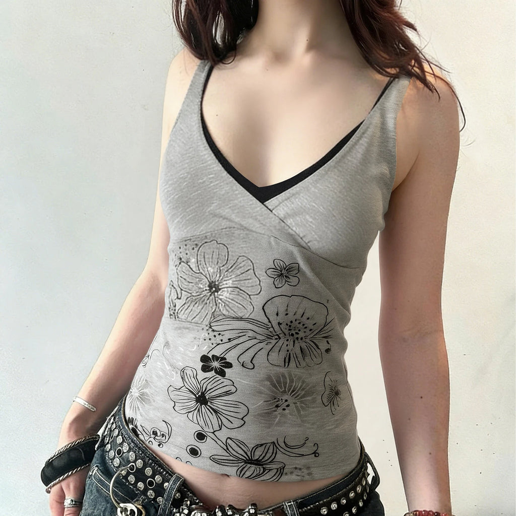 Y2K Floral Print Eco-Friendly Breathable Knitted V-neck Mock Two Piece Tank Top Contrast Slim Fit Sleeveless for Women