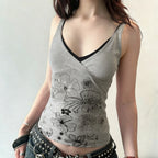 Y2K Floral Print Eco-Friendly Breathable Knitted V-neck Mock Two Piece Tank Top Contrast Slim Fit Sleeveless for Women