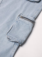 Washed Blue Denim Baggy Cargo Straight Jeans