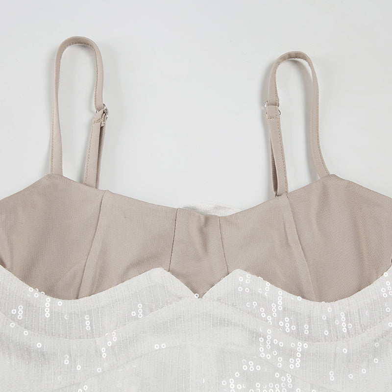 Lace Mesh Sequin Corset Top Back Tie Strap Cami Evening Wear