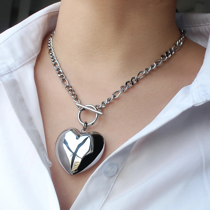 Stainless Steel Big Heart Pendant Long Necklace