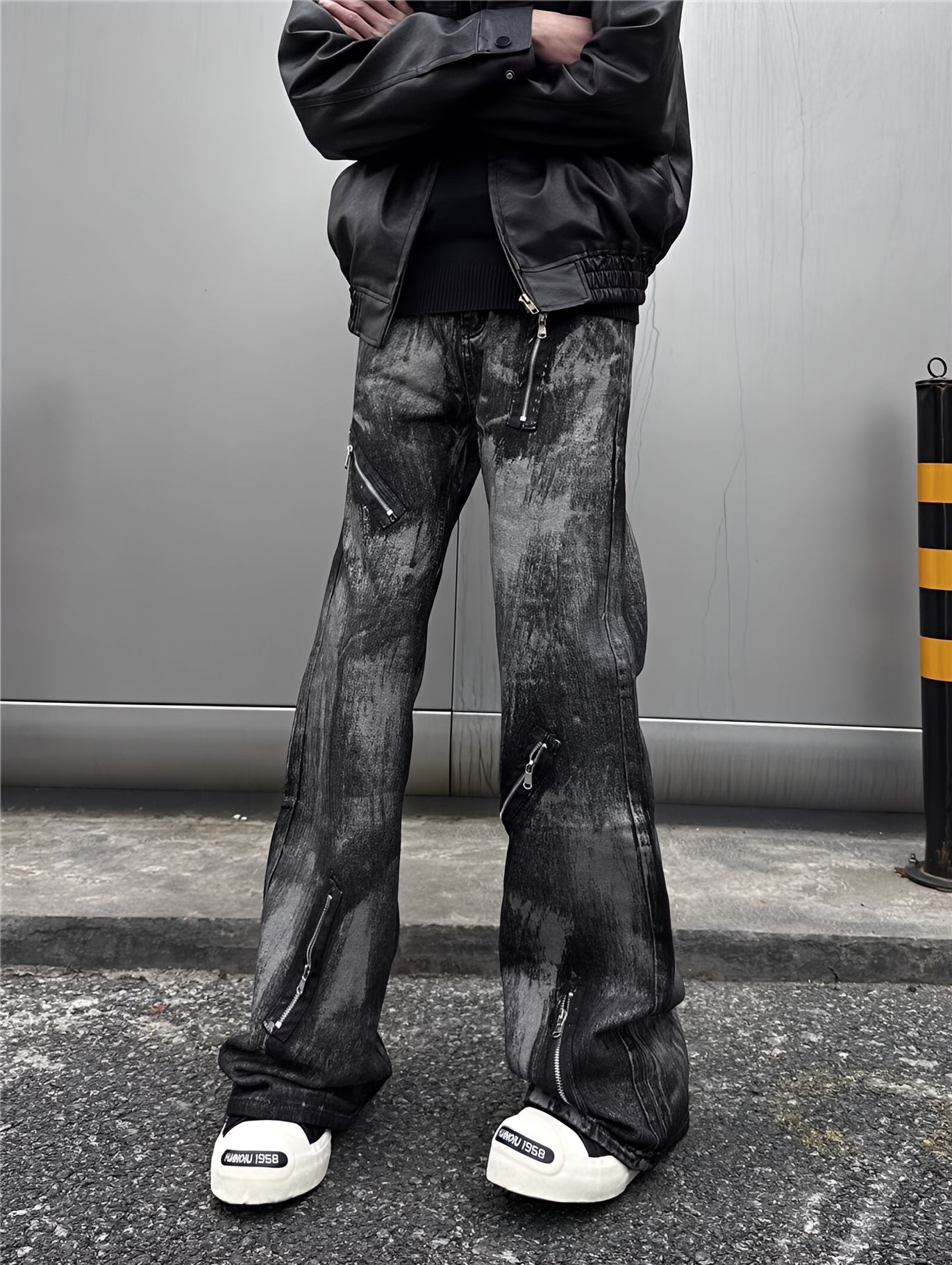 Washed Distressed Baggy Flare Jeans Grunge Denim