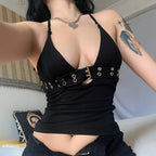 Off Shoulder Halter Top Button V Neck Knit Summer Streetwear